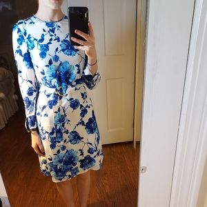 Tory Burch White and Blue Floral Long Sleeve Dress